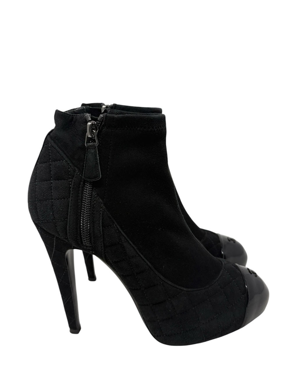 Chanel Black Suede CC Cap Toe Quilted Patent Almond Toe High Heel Ankle Boots 38